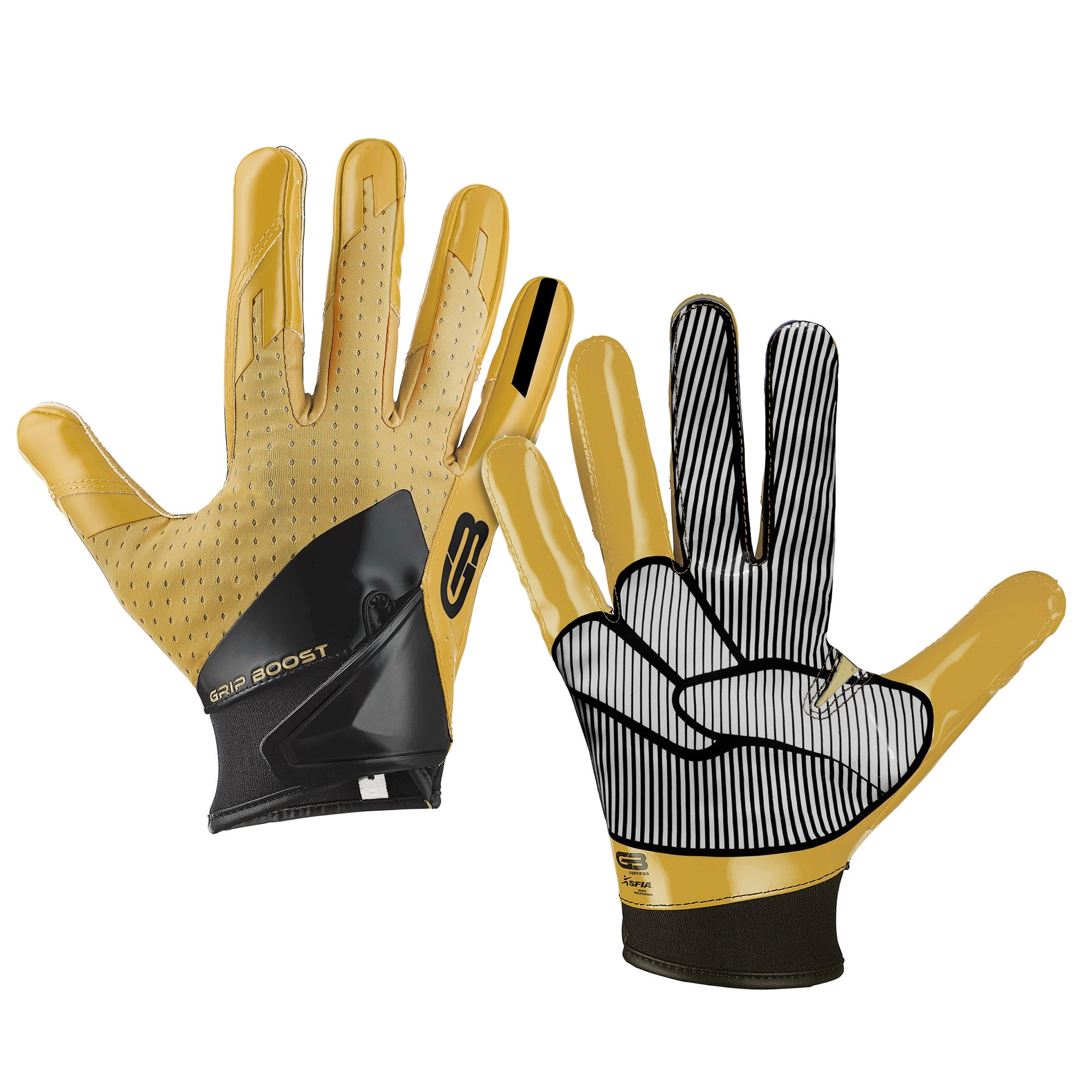 Illustrative example of gold football gloves from Google Search